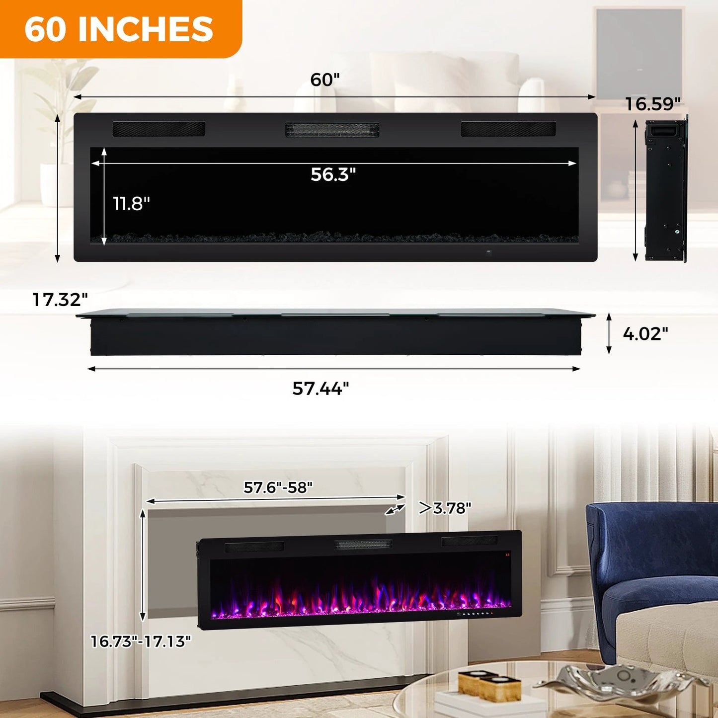 Electric Fireplace 40/50/60 Inches Recessed and Wall Mounted for 2' x 6' Stud-60 inches by DirectDeals