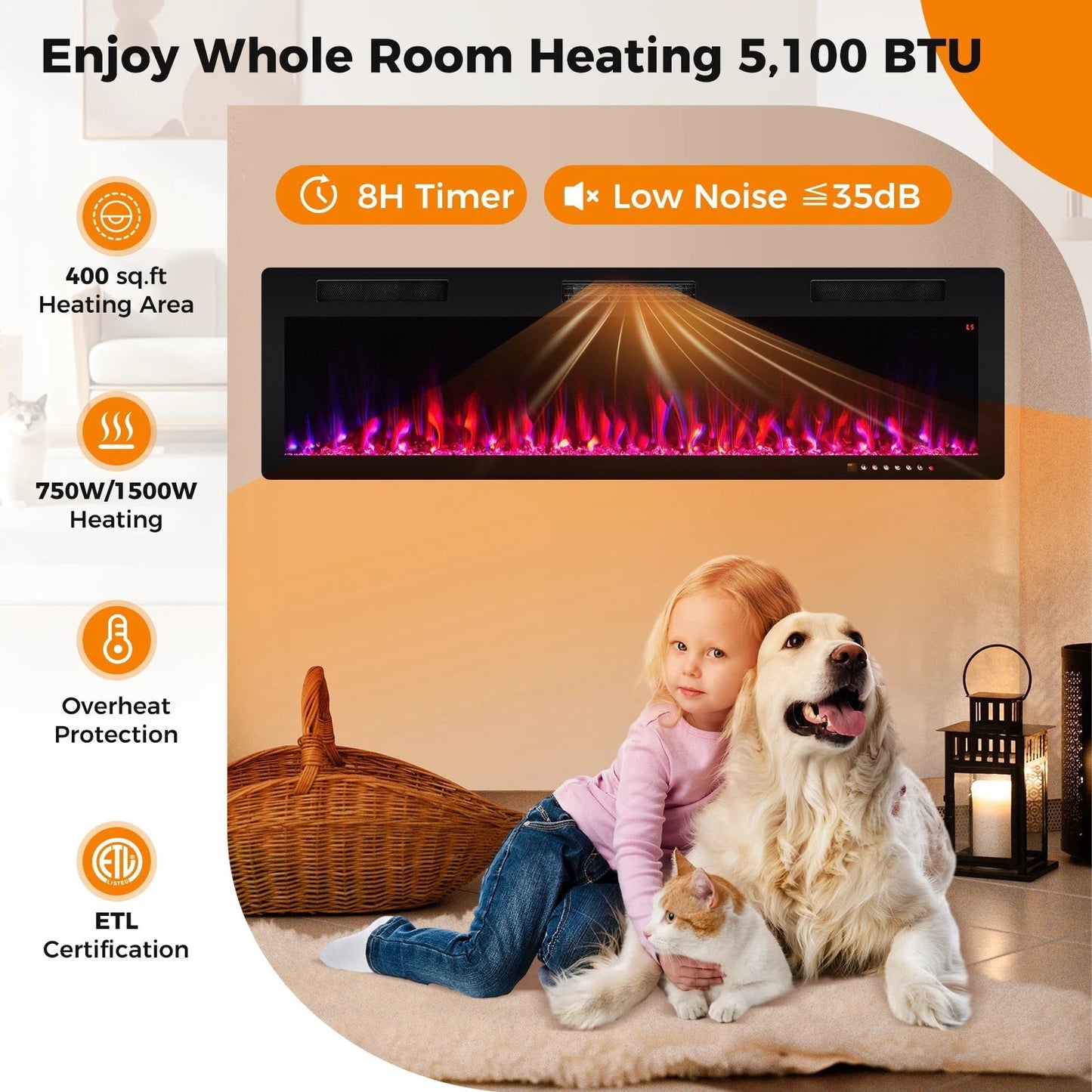 Electric Fireplace 40/50/60 Inches Recessed and Wall Mounted for 2' x 6' Stud-60 inches by DirectDeals
