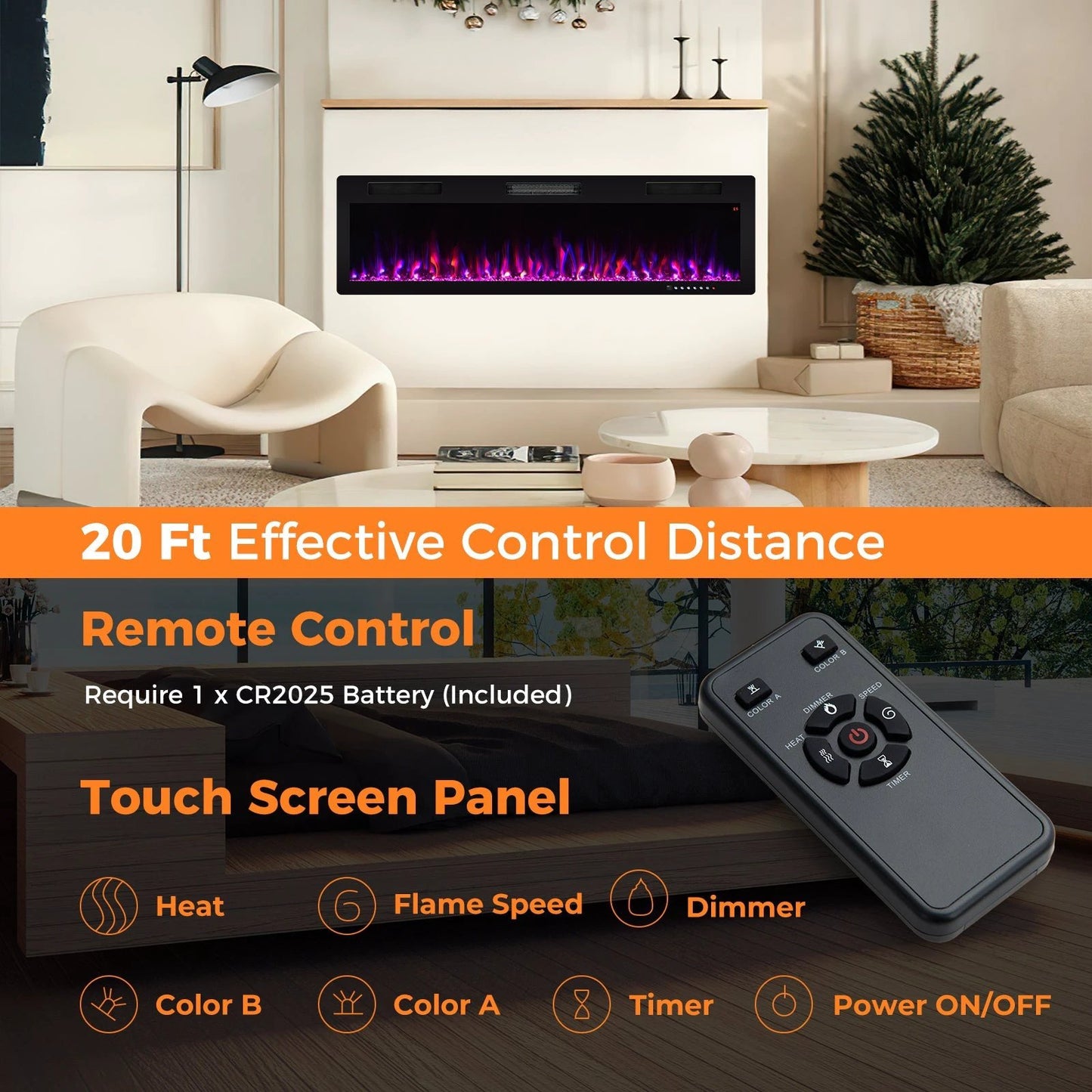 Electric Fireplace 40/50/60 Inches Recessed and Wall Mounted for 2' x 6' Stud-60 inches by DirectDeals