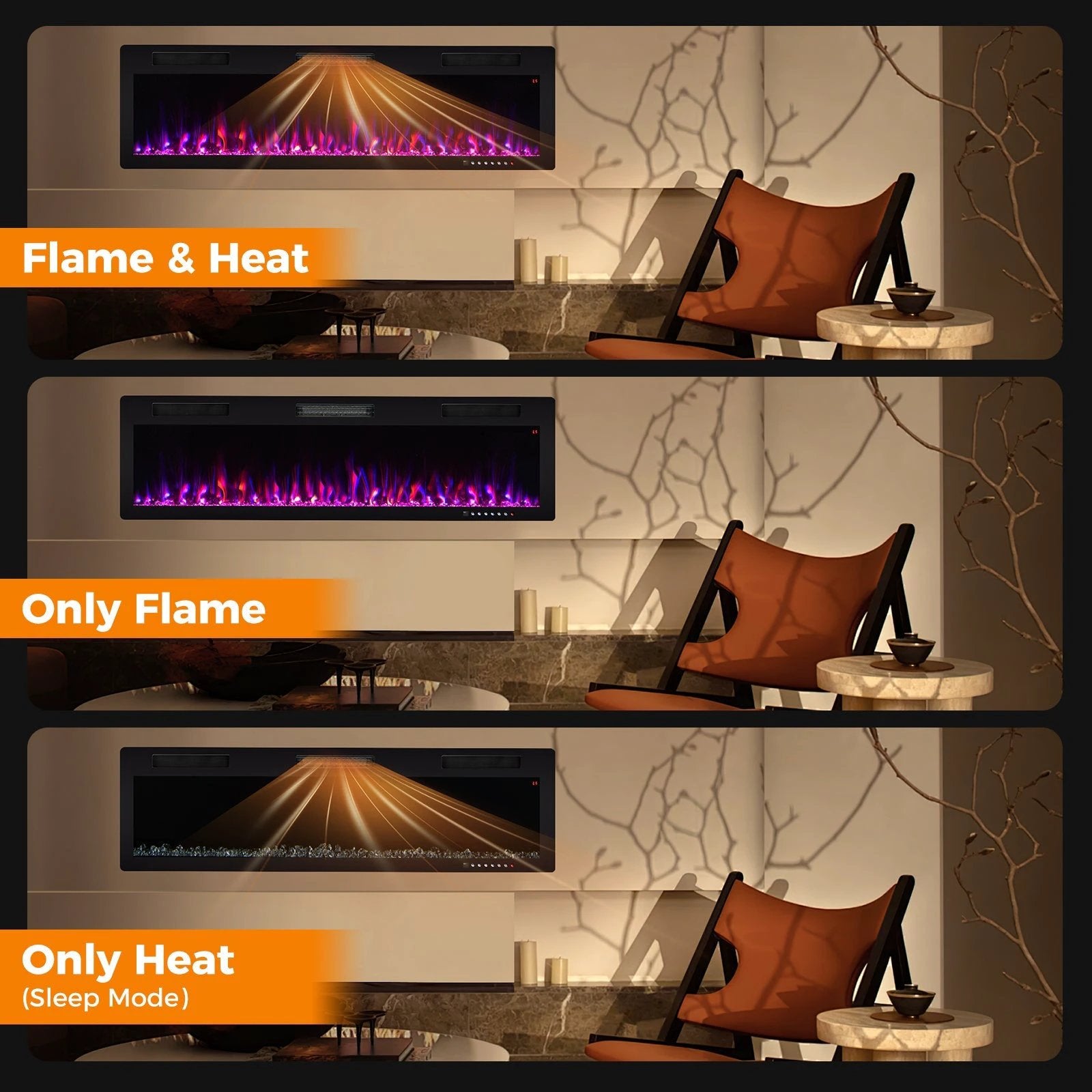 Electric Fireplace 40/50/60 Inches Recessed and Wall Mounted for 2' x 6' Stud-60 inches by DirectDeals