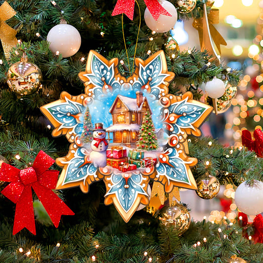 Decorative Christmas ornament on a tree with a snowy village scene