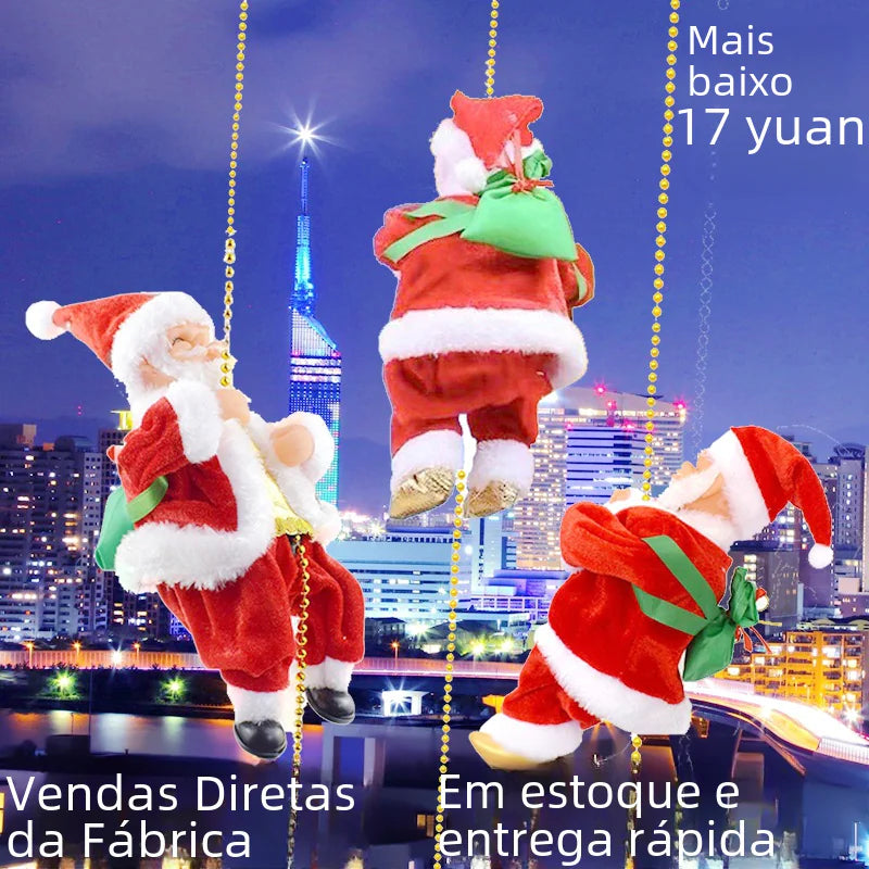 Three Santa Claus figurines on a swing against a city skyline at night.