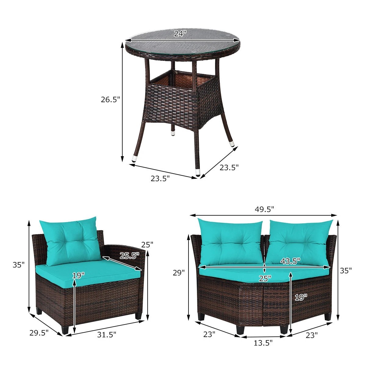 4 Pieces Outdoor Cushioned Rattan Furniture Set-Turquoise by DirectDeals