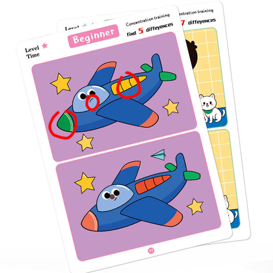 Educational card game with cartoon airplane and cat on a white background