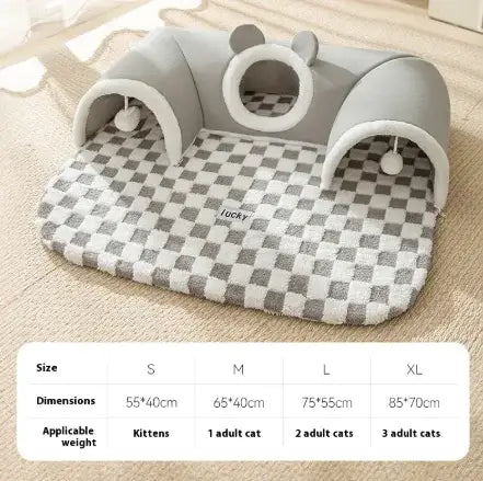 Cat playhouse with checkered mat on a wooden floor