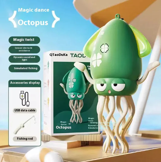 Green octopus-shaped toy with packaging and accessories on a blue sky background