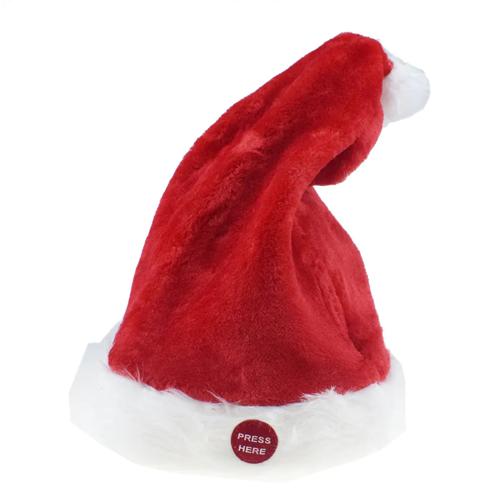 Red plush Santa hat with a white brim and 'Press Here' button on a white background