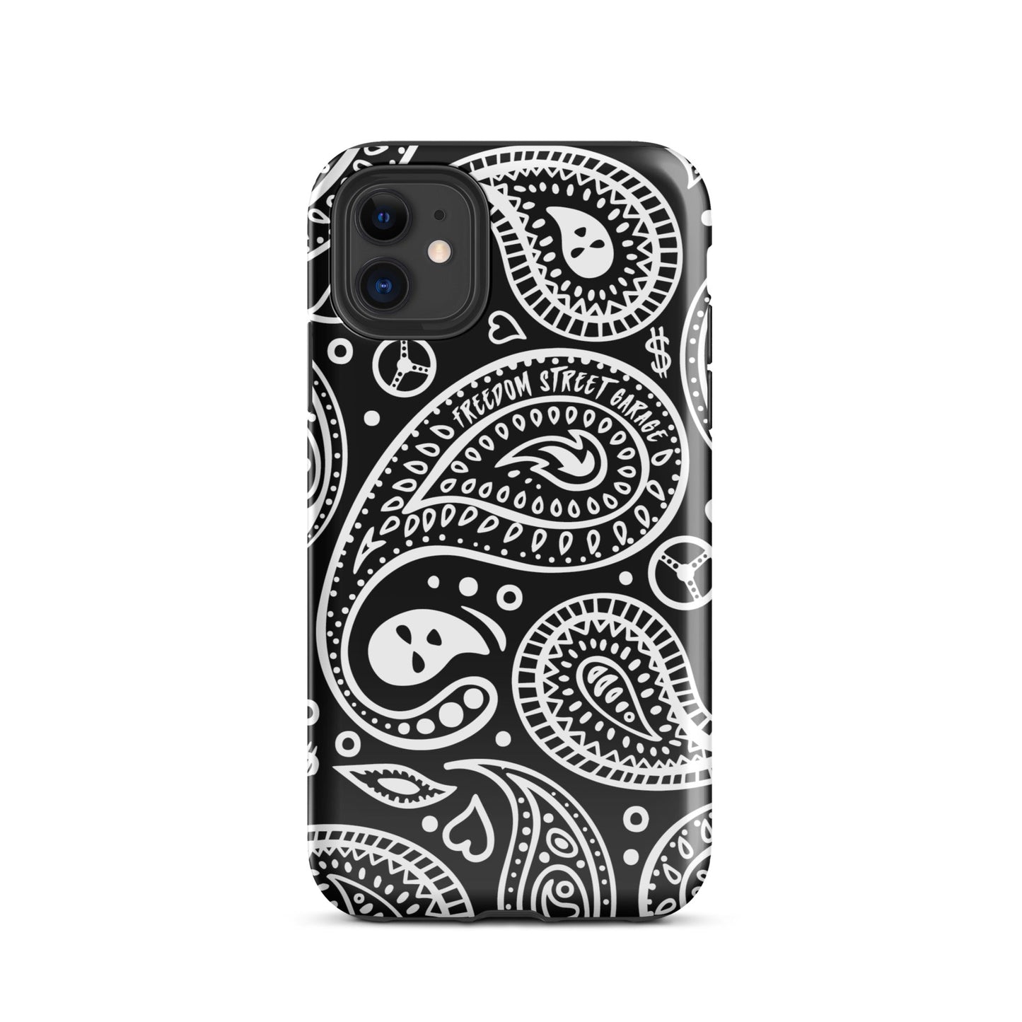 Phone case with black and white paisley pattern on a white background