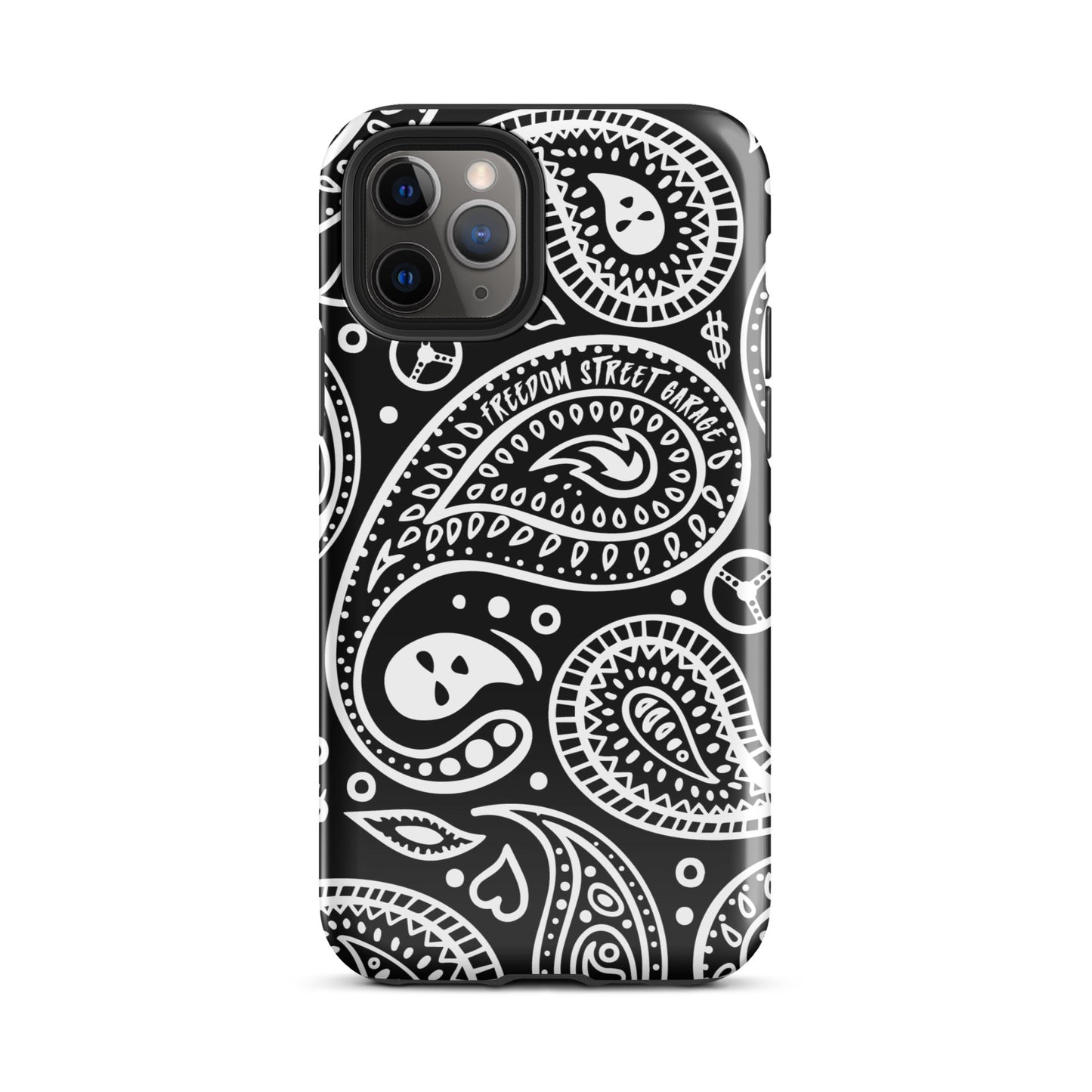Phone case with black and white paisley pattern on a white background
