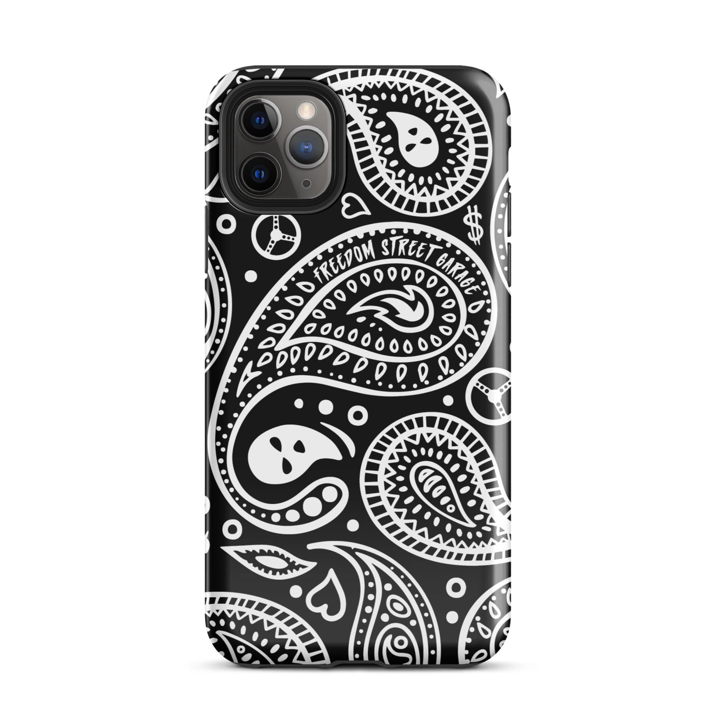Phone case with black and white paisley pattern on a white background