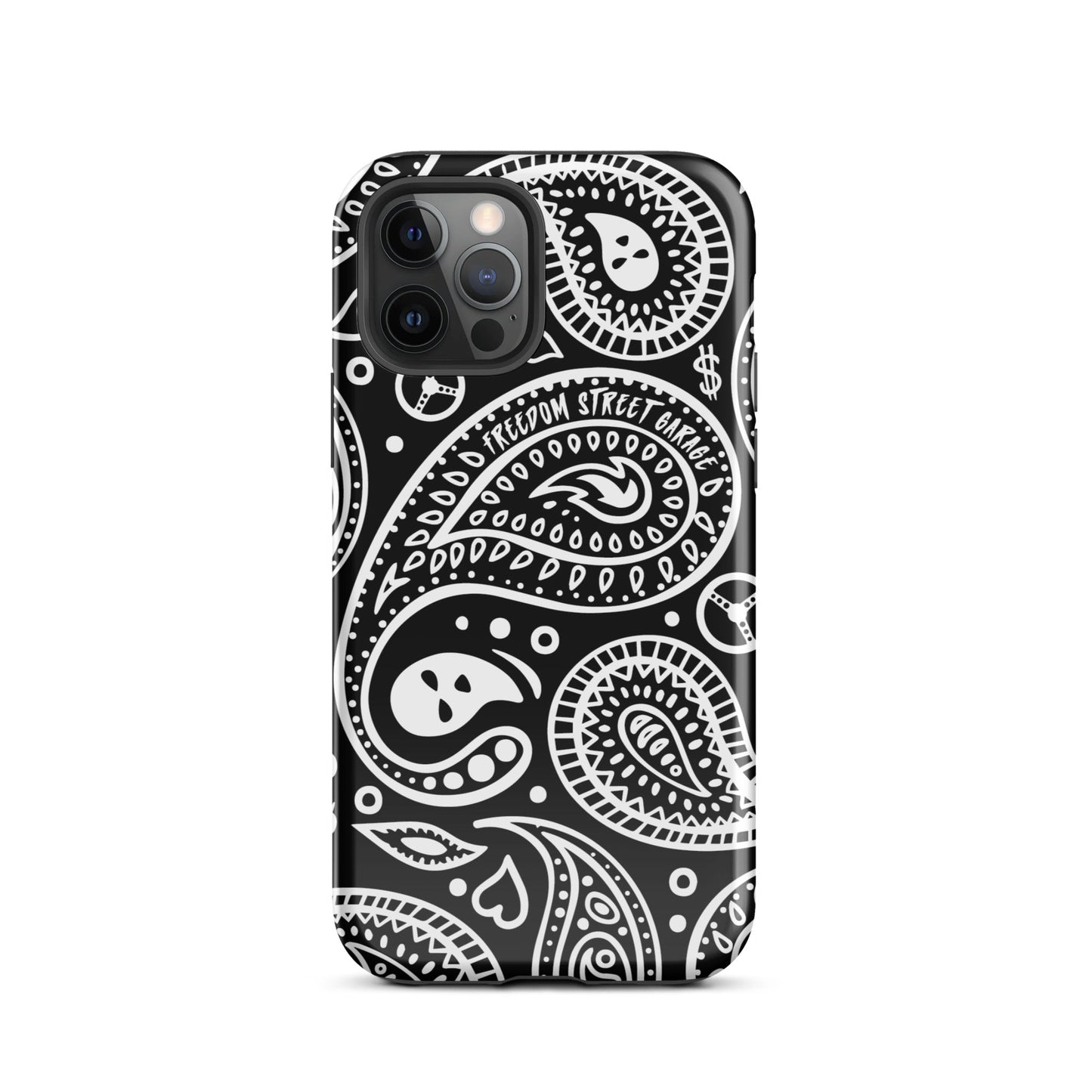 Phone case with abstract face design on a gray background