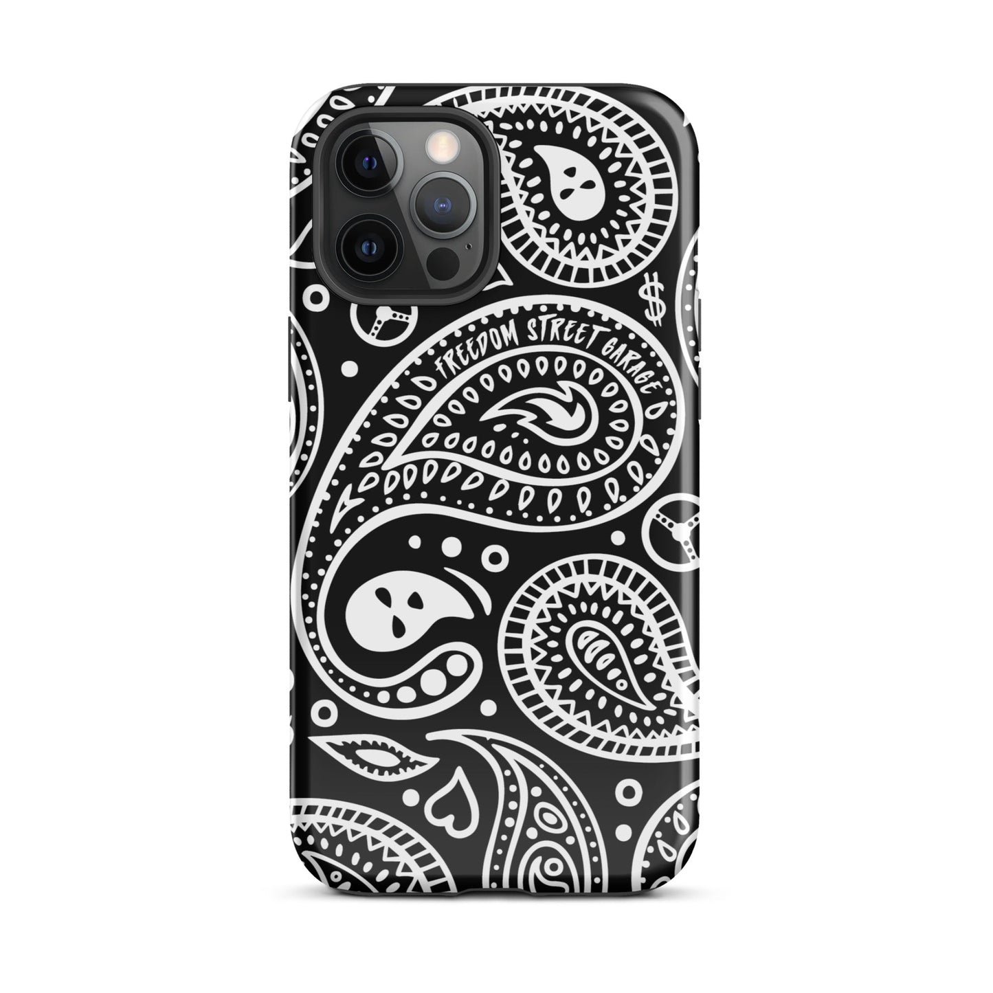 Phone case with black and white paisley pattern on a white background
