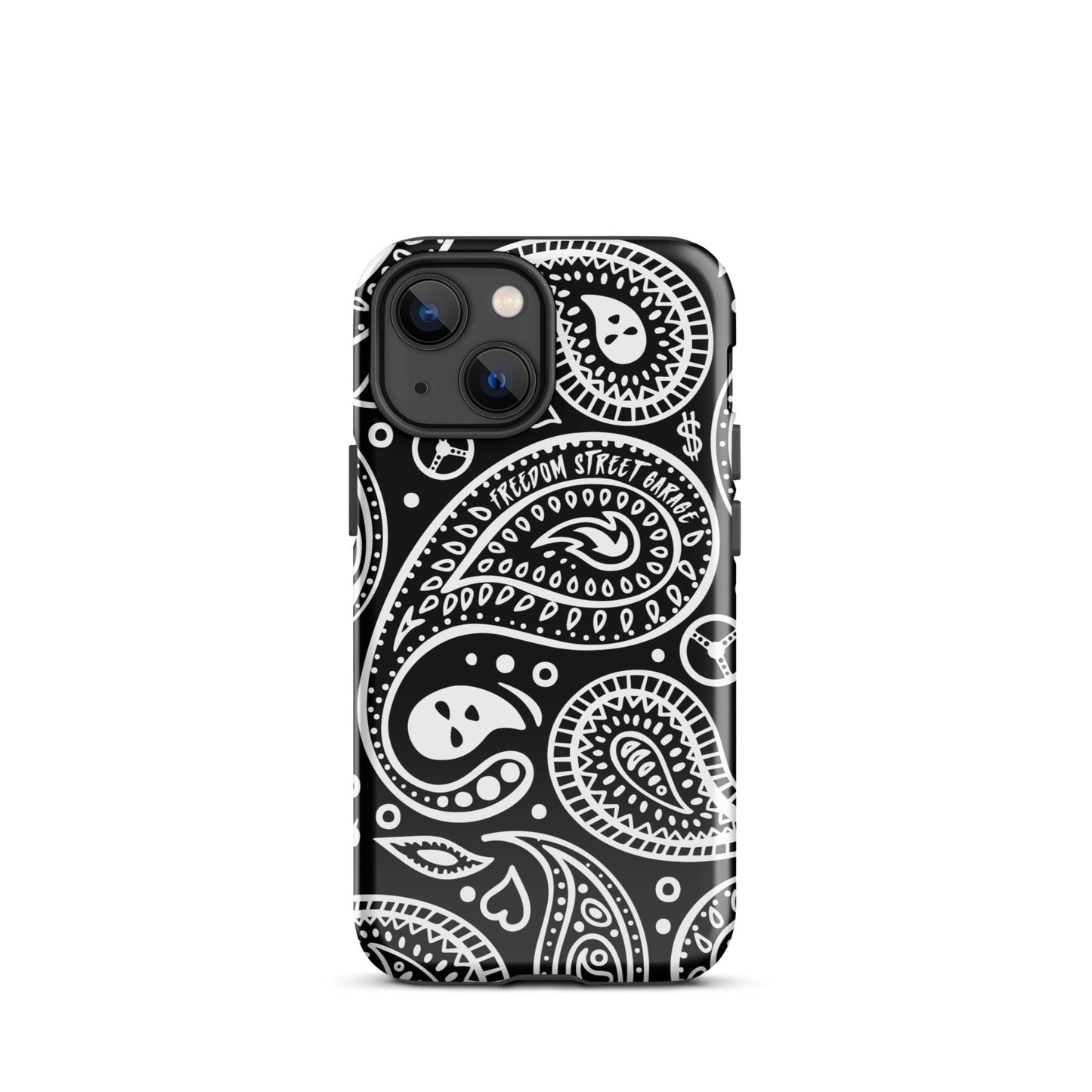 Phone case with black and white paisley pattern on a white background
