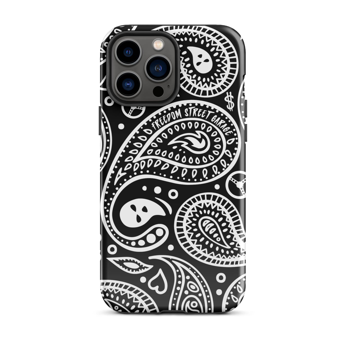 Phone case with black and white paisley pattern on a white background