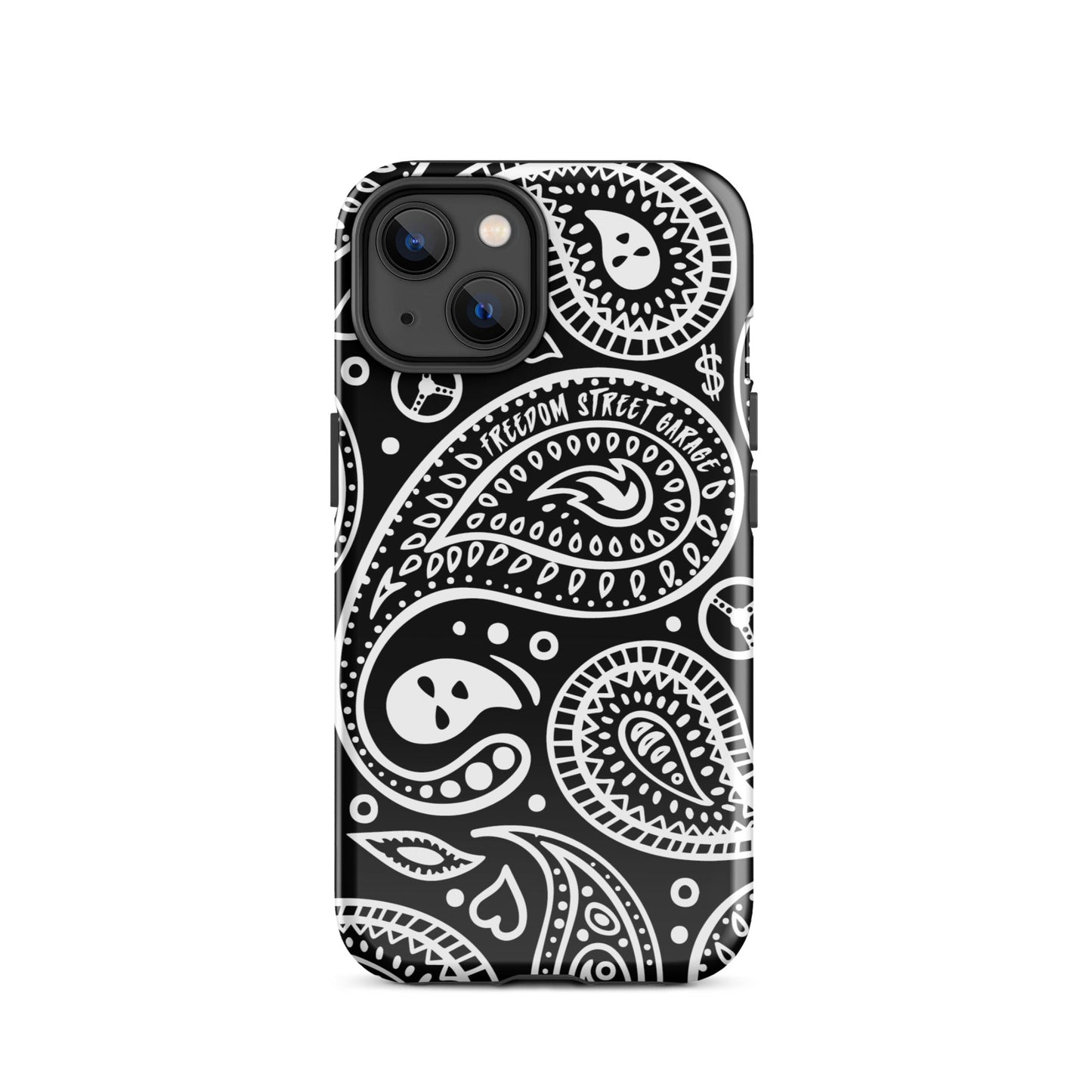 Phone case with black and white paisley pattern on a white background