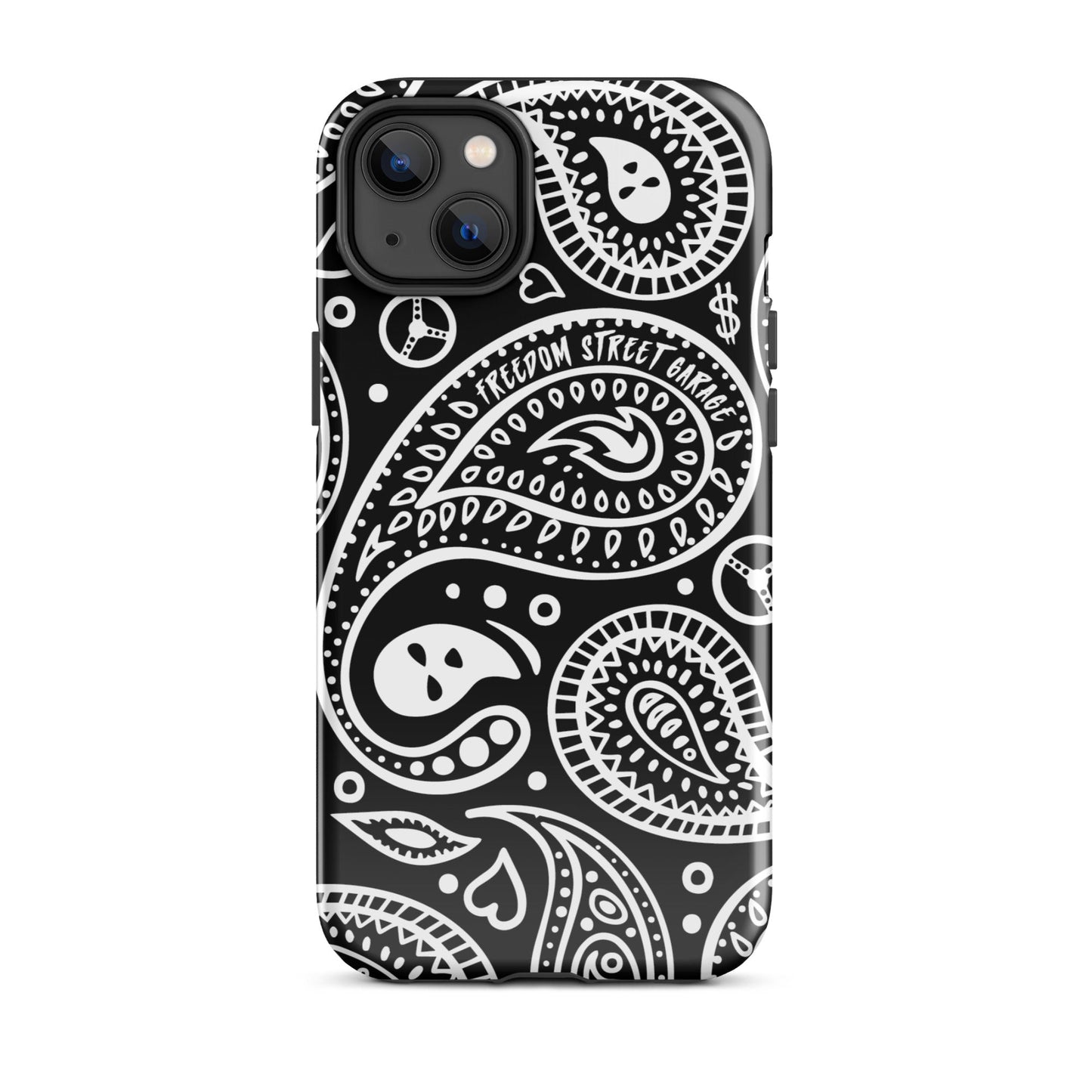 Phone case with black and white paisley pattern on a white background