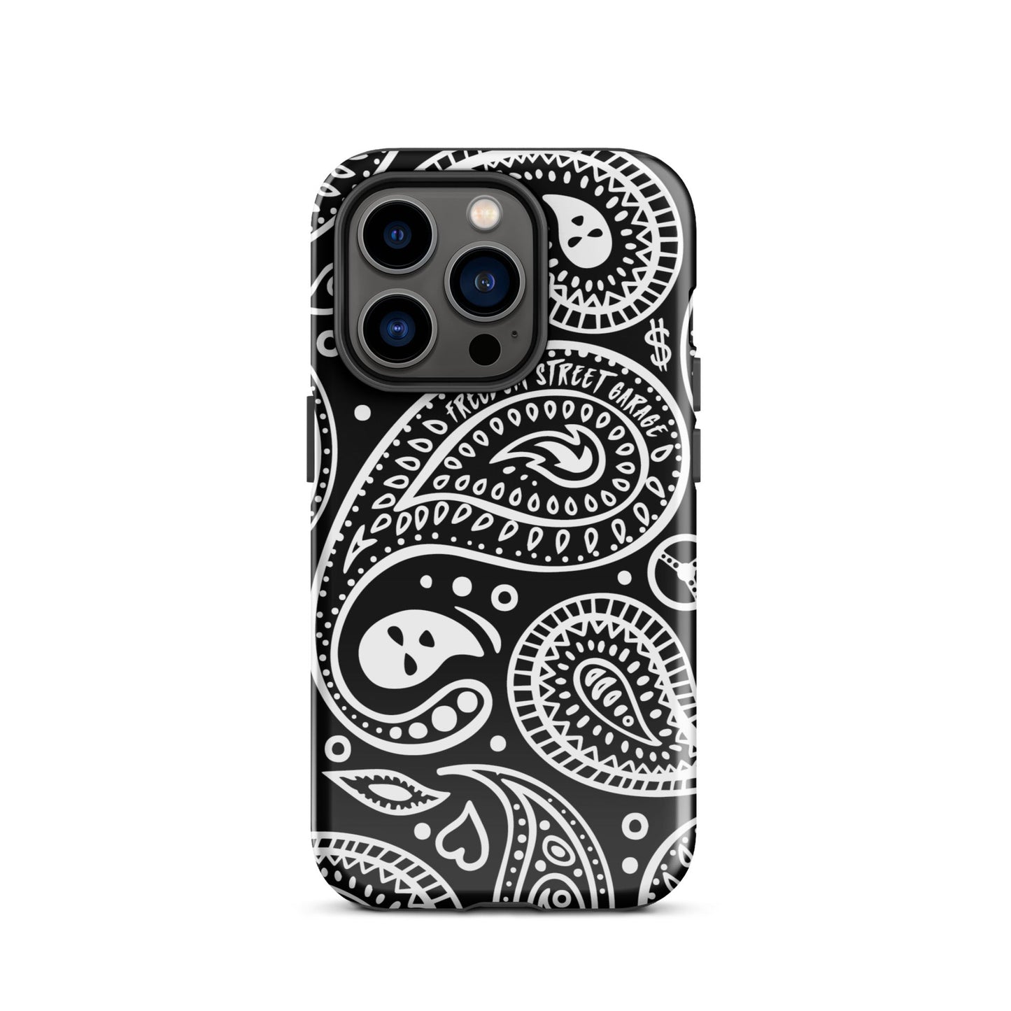 Phone case with black and white paisley pattern on a white background
