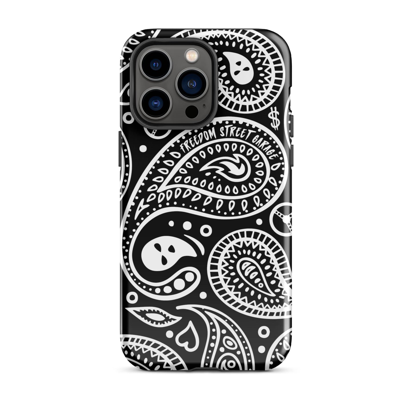 Phone case with black and white paisley pattern on a white background