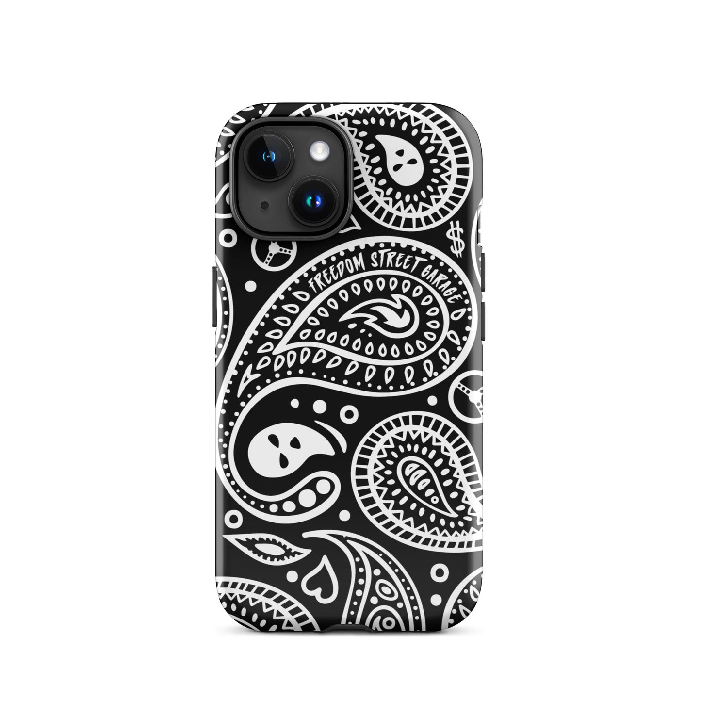 Phone case with black and white paisley pattern on a white background