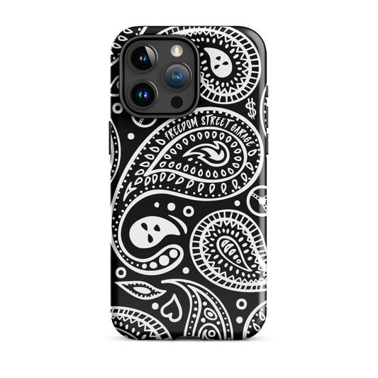 Phone case with black and white paisley pattern on a white background