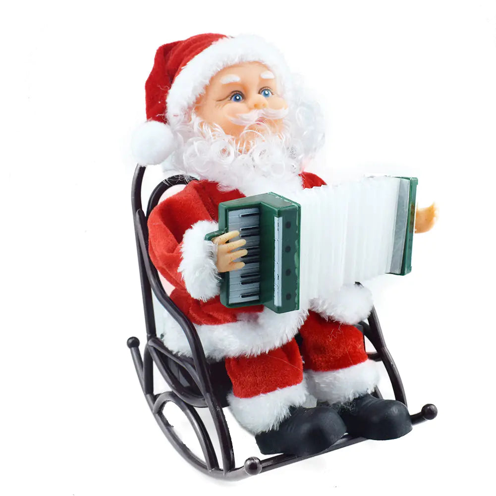 Santa Claus toy sitting on a rocking chair playing an accordion on a white background
