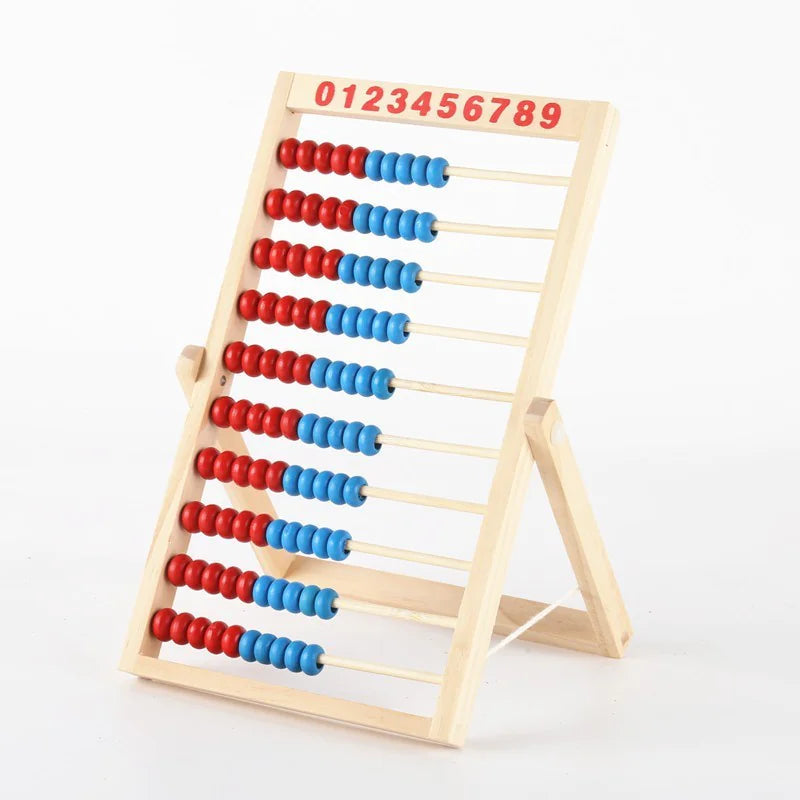 Wooden abacus with red and blue beads on a white background