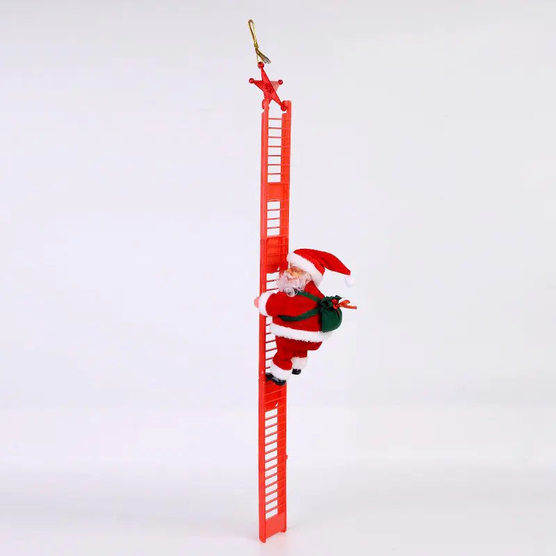 Decorative ornament of Santa Claus climbing a red ladder on a white background