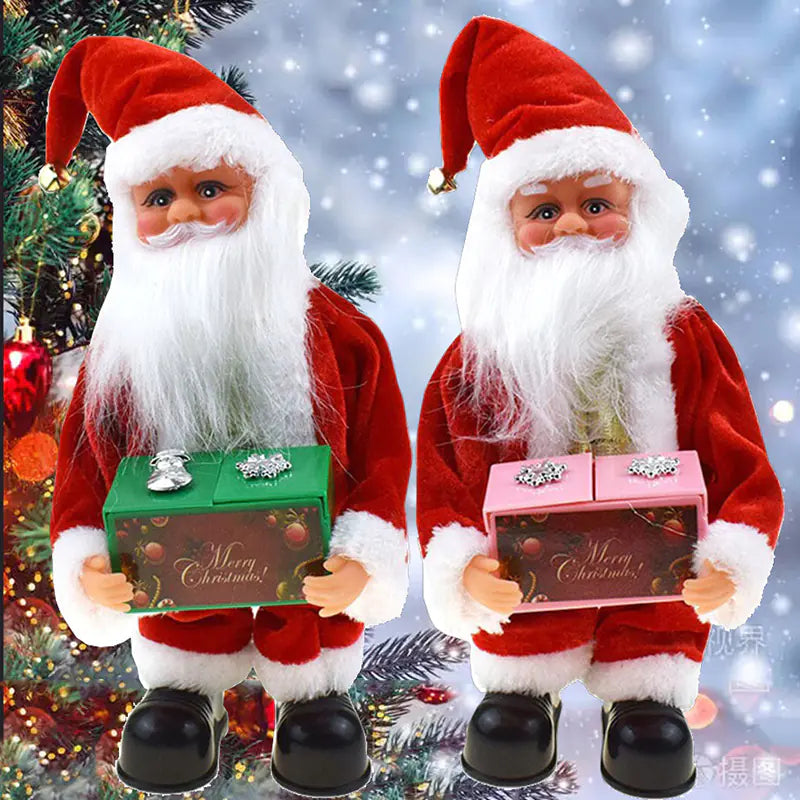 Two Santa Claus figurines holding Christmas presents against a snowy background.