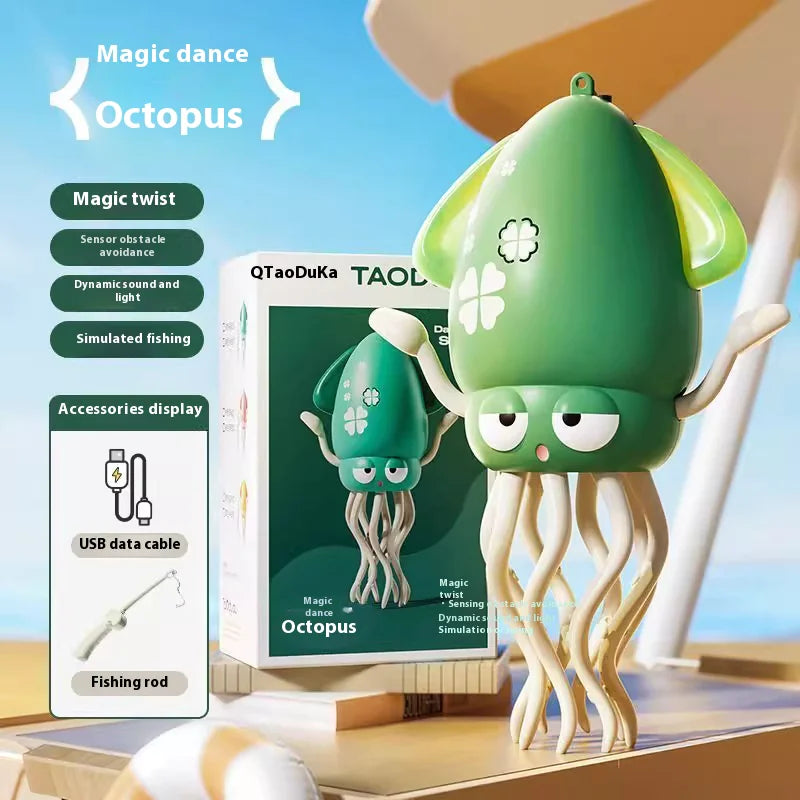 Green octopus-shaped toy with USB cable and fishing rod on a blue background