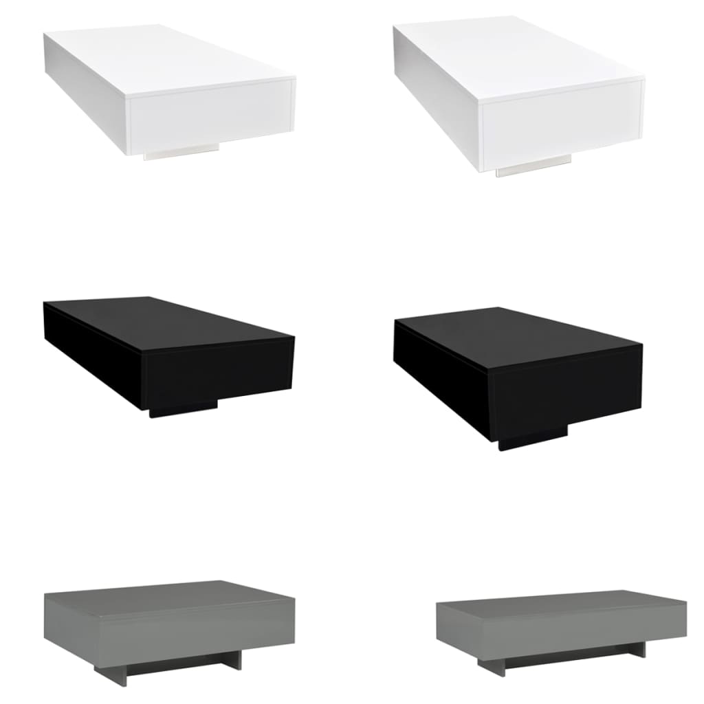 Set of five square coffee tables in white, black, and gray on a white background