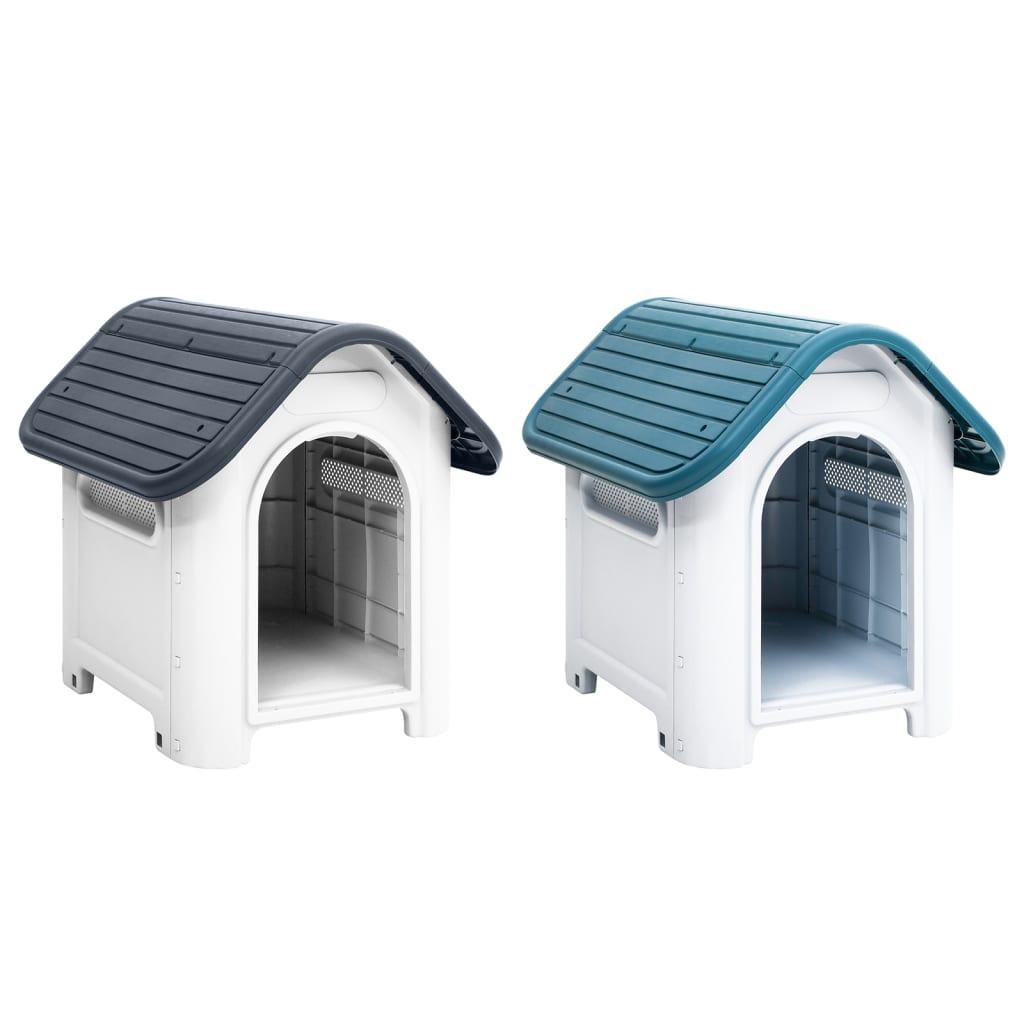 Two pet dog houses with blue roofs on a white background