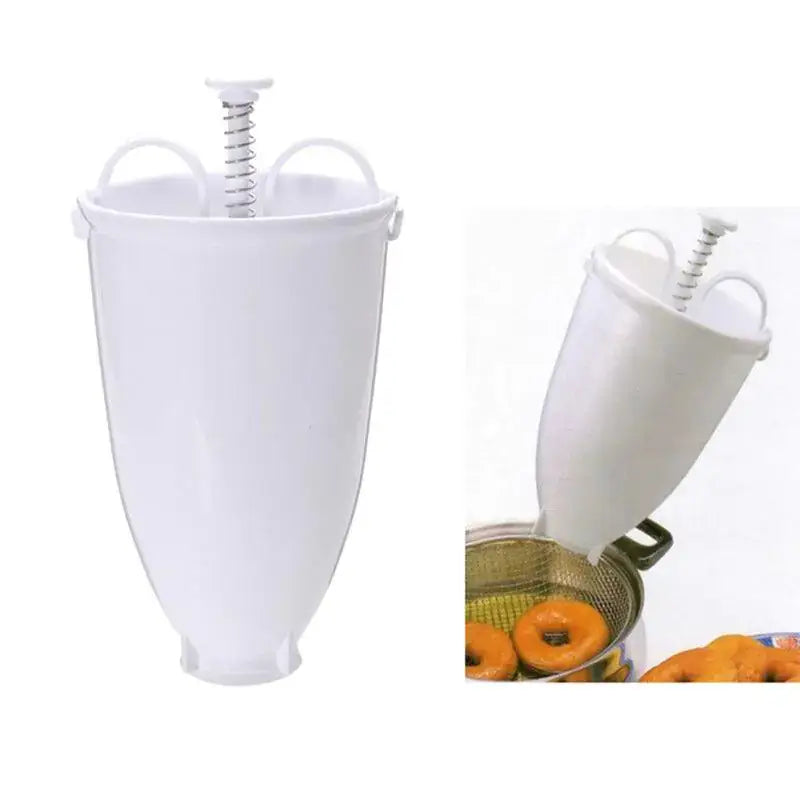 White kitchen tool with a spiral design on a white background