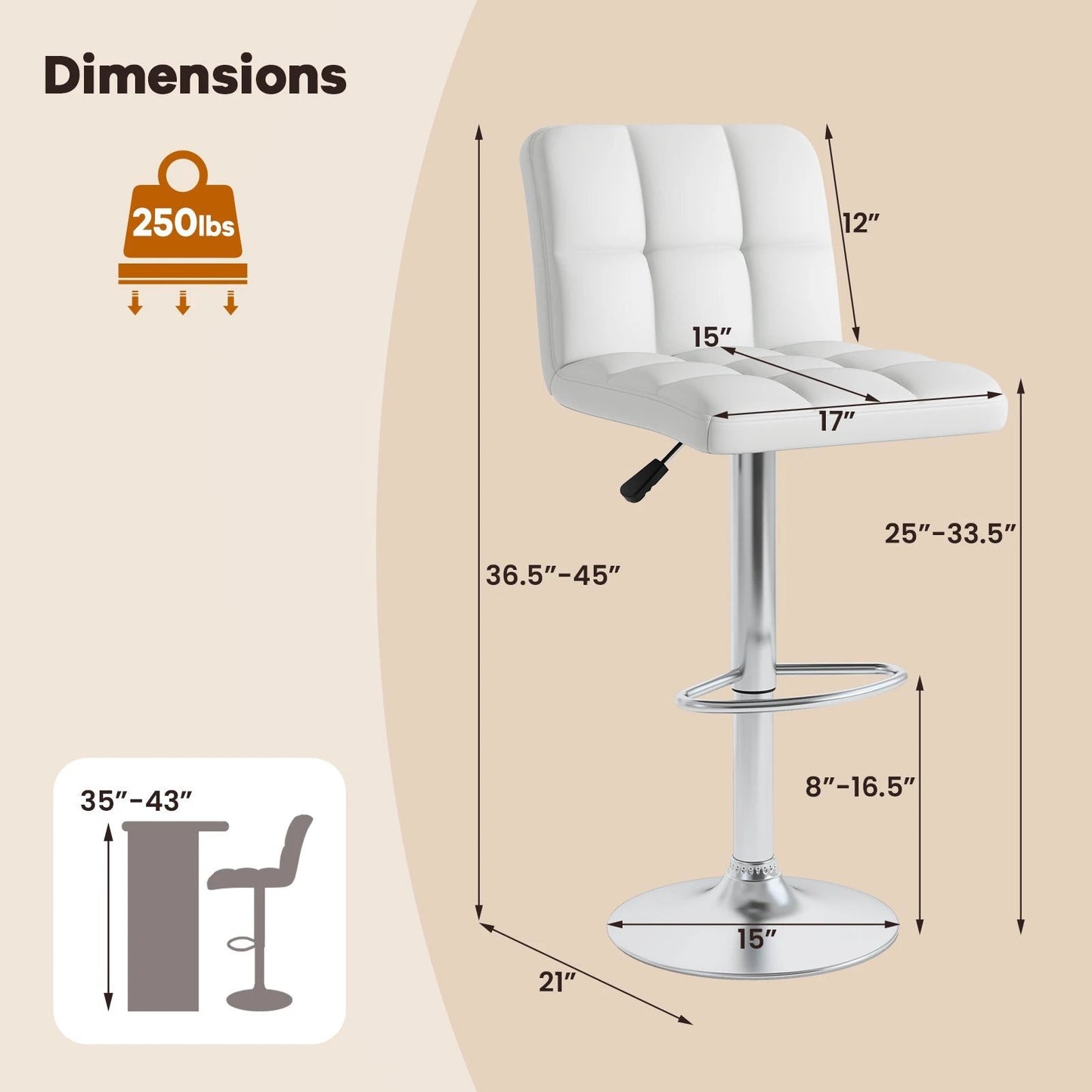 Set of 2 Square Swivel Adjustable PU Leather Bar Stools with Back and Footrest-White by DirectDeals