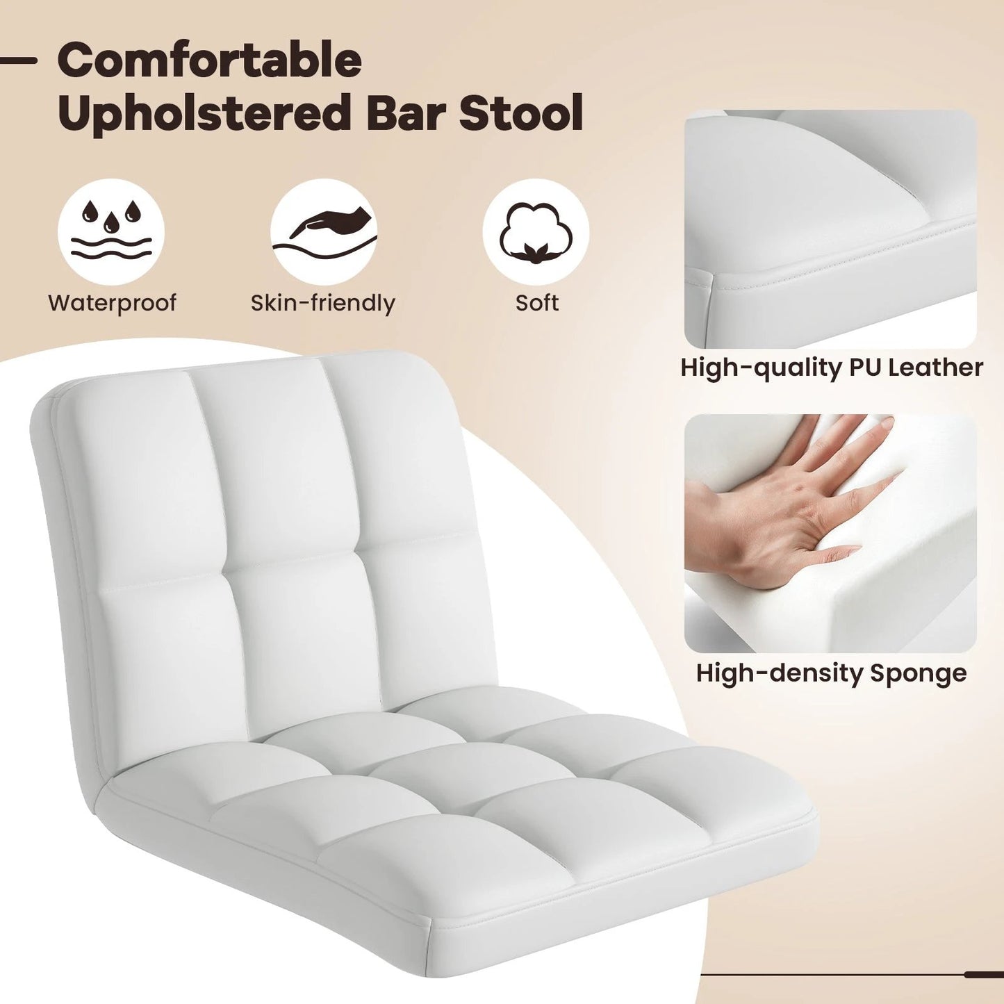 Set of 2 Square Swivel Adjustable PU Leather Bar Stools with Back and Footrest-White by DirectDeals