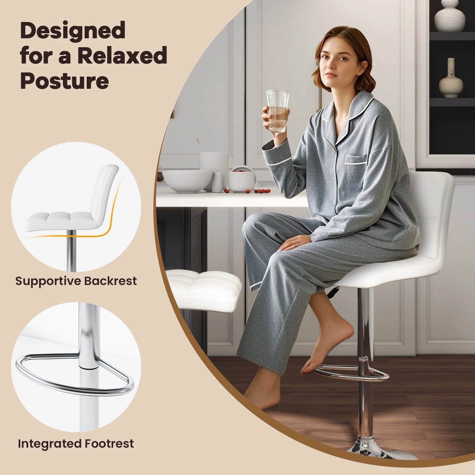 Set of 2 Square Swivel Adjustable PU Leather Bar Stools with Back and Footrest-White by DirectDeals