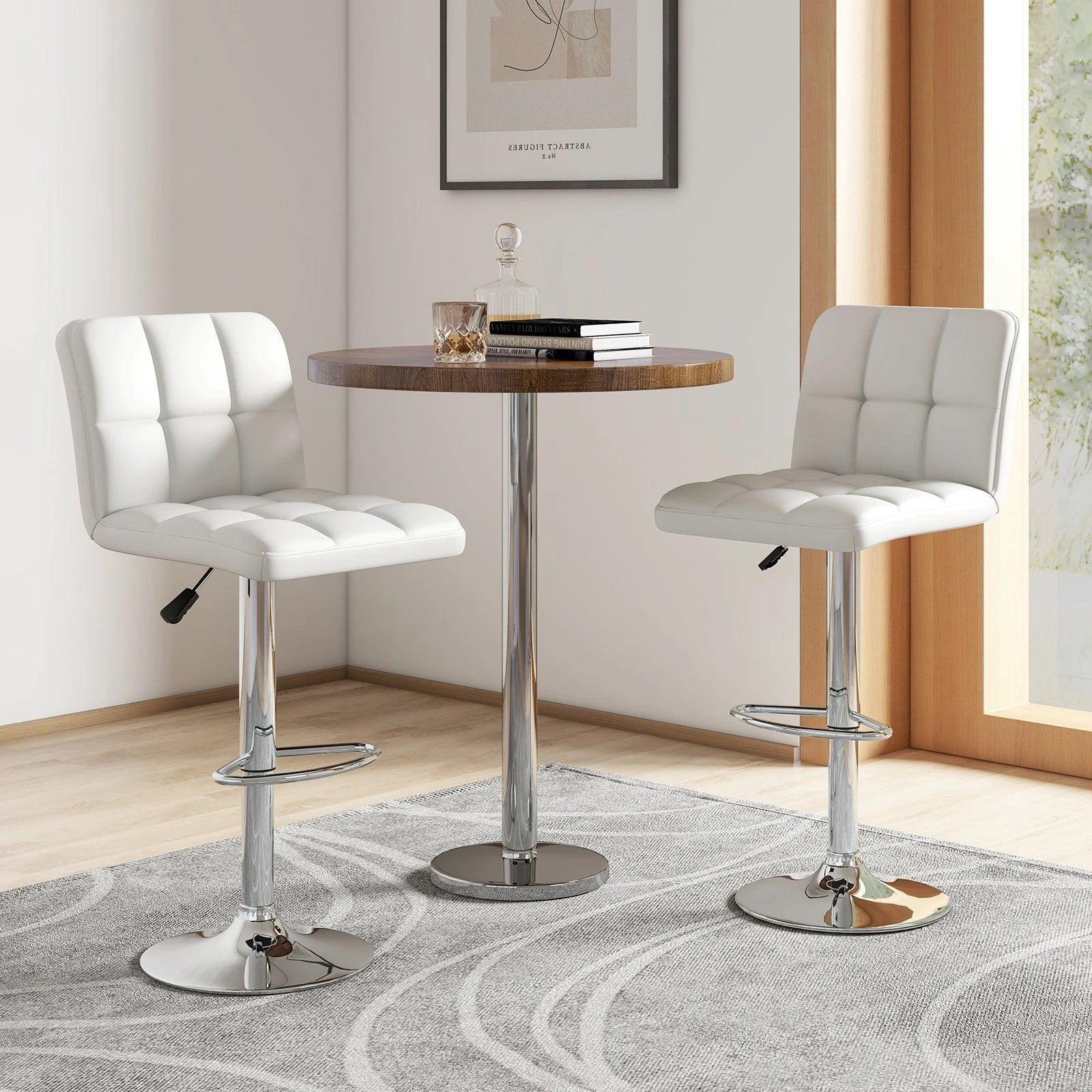 Set of 2 Square Swivel Adjustable PU Leather Bar Stools with Back and Footrest-White by DirectDeals