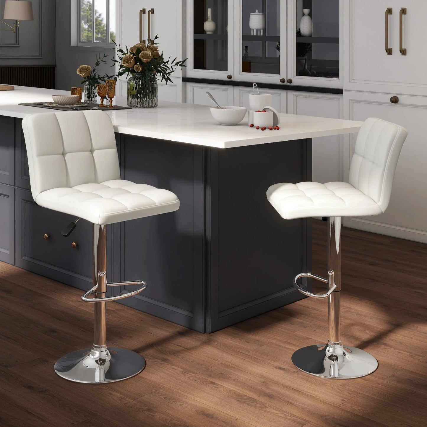Set of 2 Square Swivel Adjustable PU Leather Bar Stools with Back and Footrest-White by DirectDeals