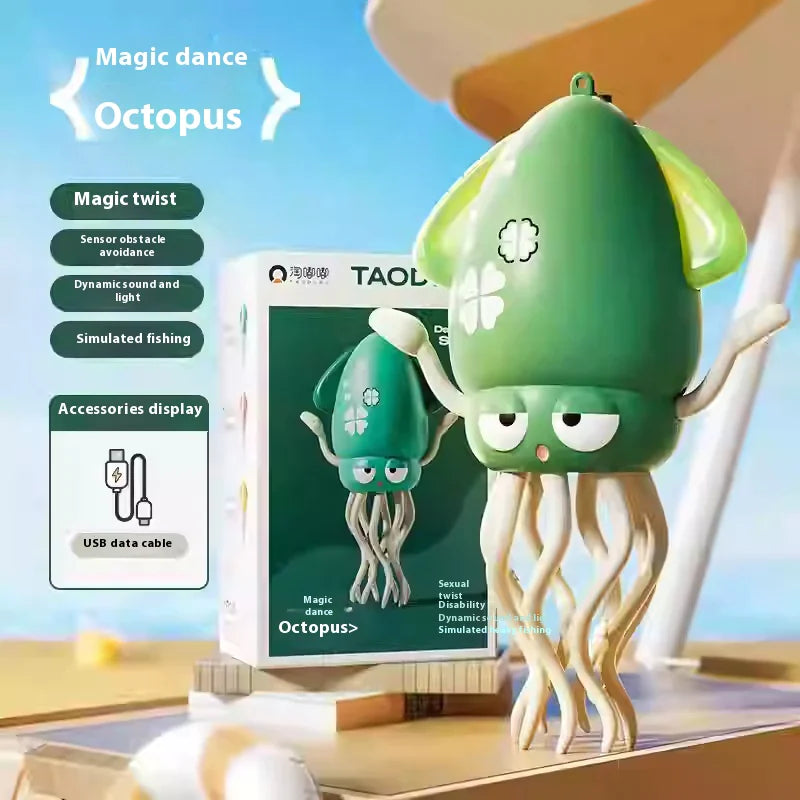 Green octopus-shaped device with packaging and USB cable on a blurred outdoor background
